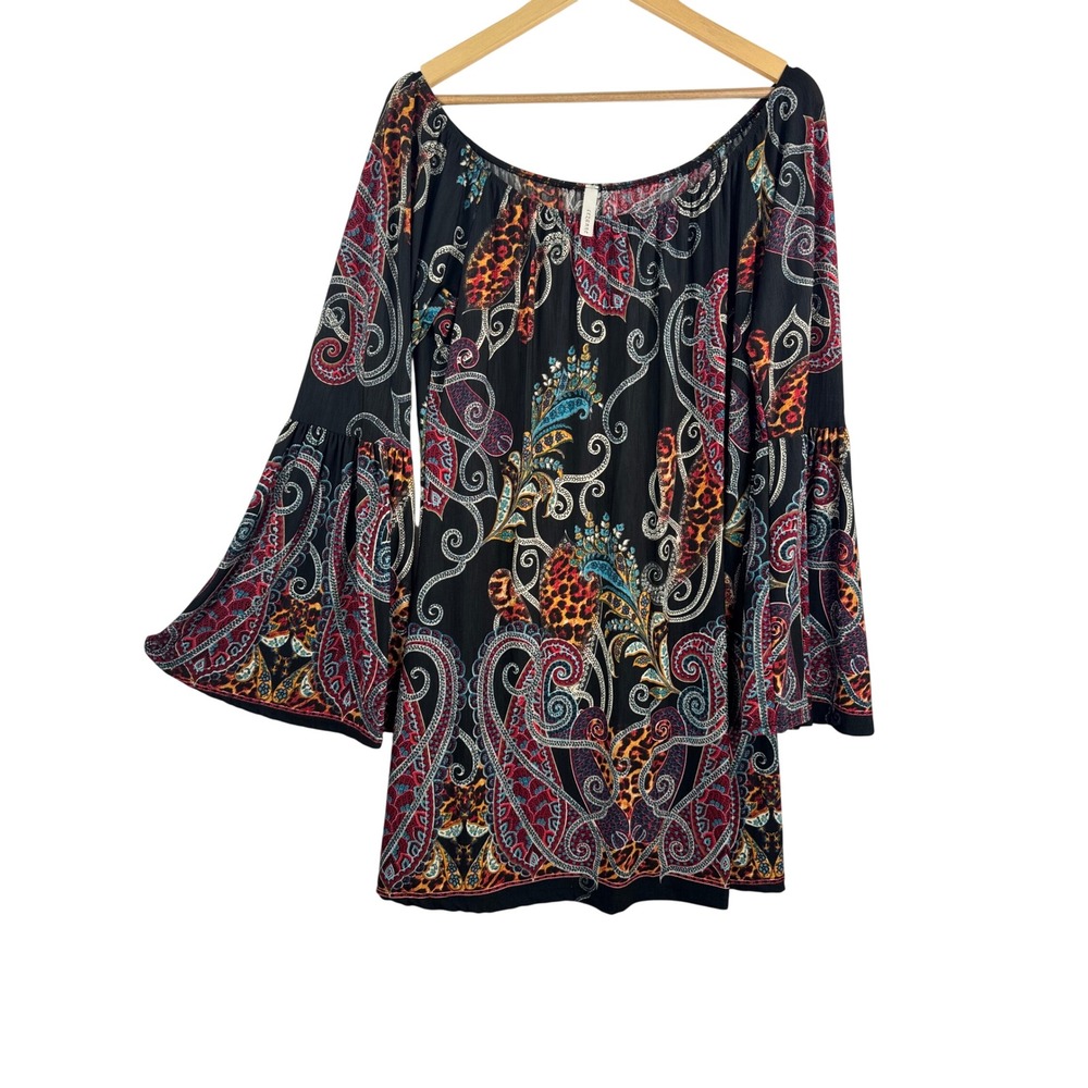 Cezanne Paisley Leopard tunic whimsigoth Bell Sleeve Off Shoulder sz‎ L